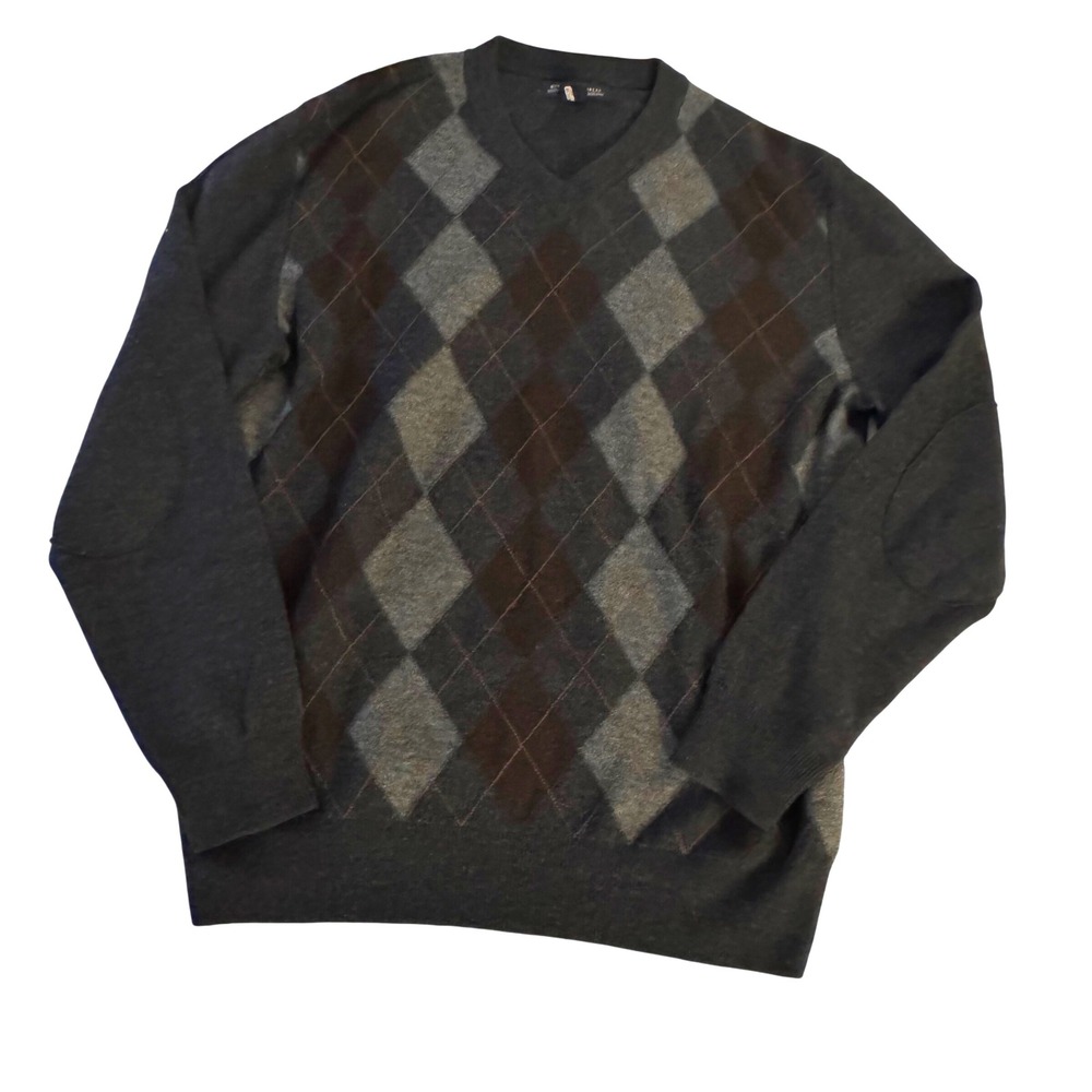 Banana Republic Men's V Neck Argyle Italian Merino Wool Sweater M Elbow Patches